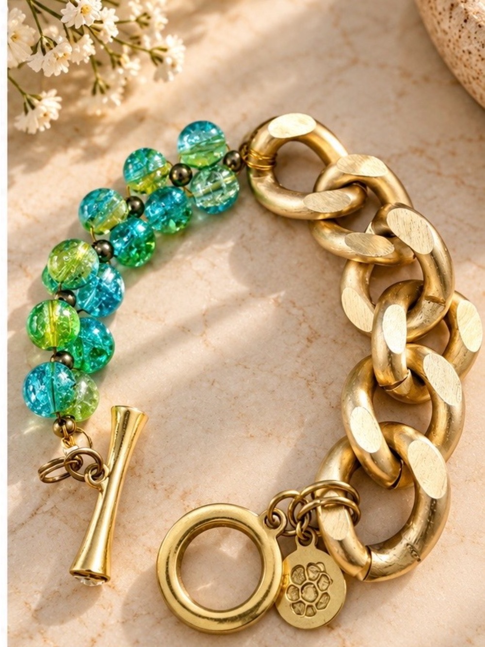 Mintbarry Gold Chain Bracelet with Blue-Green Beaded Strand 7inch